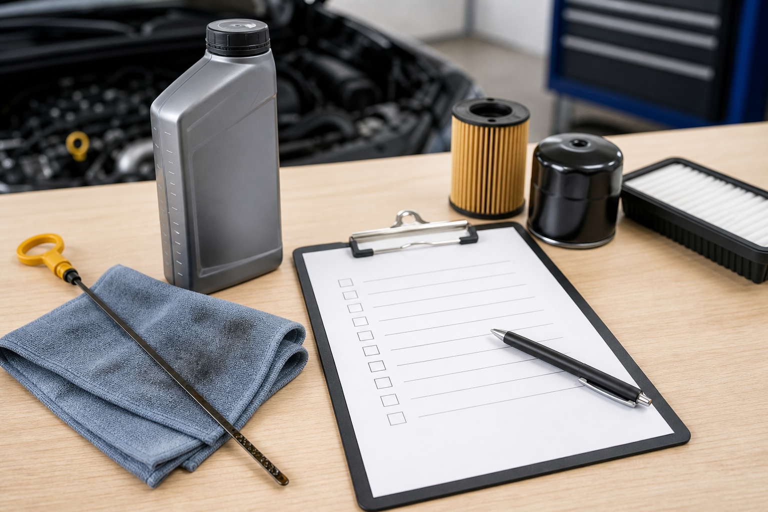 Ölstand-Prüfung und Motorwartungs-Checkliste auf hellem Werktisch