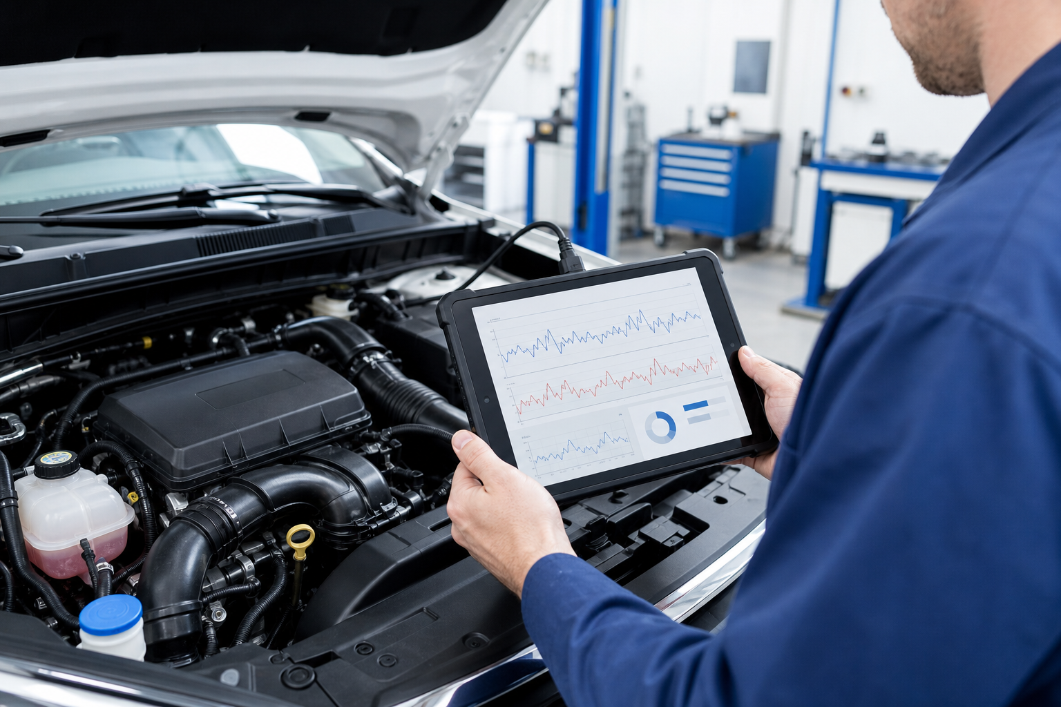 Motorraum mit Diagnose-Tablet und neutraler Fahrzeugkontur